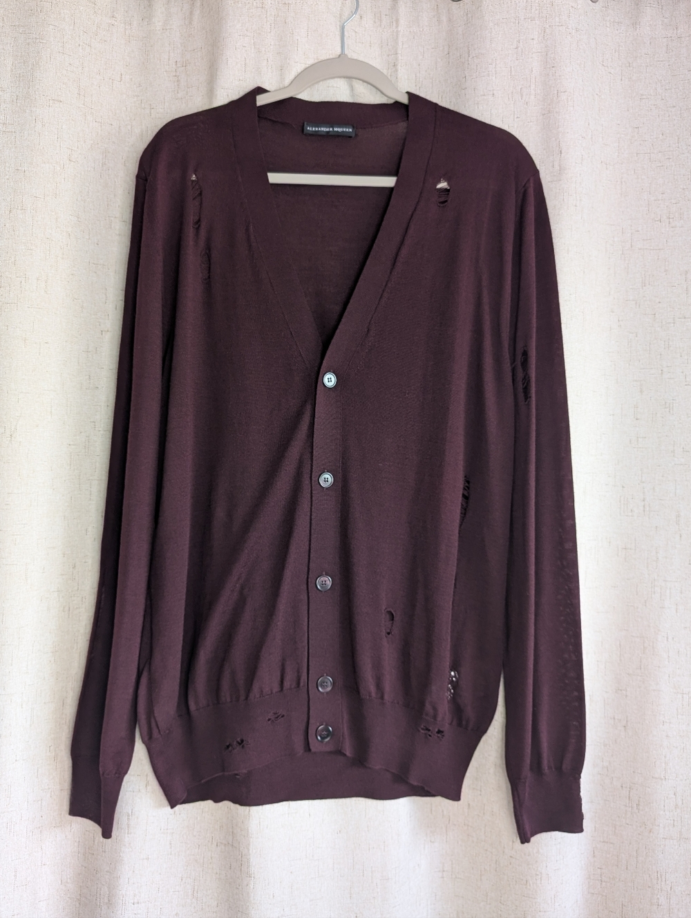 Alexander McQueen Women's Burgundy Wool Silk Distressed Button Cardigan Size XXL